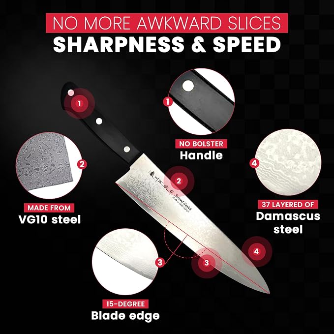 VG10 Core Chef Knife 7″ – Forged in Seki Japan – 37-Layer Damascus Steel – Full Tang Western Handle – Razor Sharp Professional Kitchen Knife with Gift Box – Satake Houcho Series