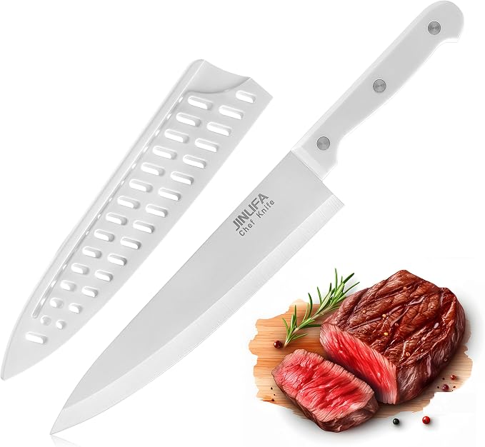 8 inch Chef Knife, Stainless Steel Kitchen Knife with Protective Knife Sheath, Ultra Sharp Slicing Knife with Ergonomic Handle, German Stainless Steel, Dishwasher Safe (White Color)