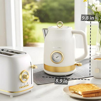 Retro Electric Kettle, 1.7L 304 Stainless Steel Tea Kettle with Temperature Gauge, 1500W Fast Boiling Water Boiler,Auto Shut-Off & Boil-Dry Protection, BPA-Free, Matte White and Gold