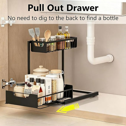 Ceetug Under Kitchen Sink Organizers and Storage Pull Out 2 Tier Metal Bathroom Cabinet Organizer (Black, 1 Pack)