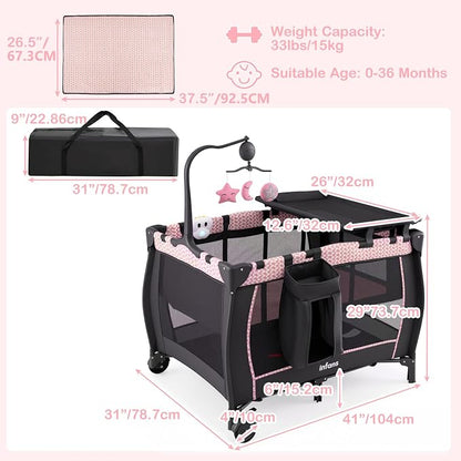INFANS 3 in 1 Pack and Play, Portable Travel Baby Bassinet with Detachable Mattress, Changing Table, Foldable Playpen with Carry Bag, 2 Wheels (Pink Stripes)