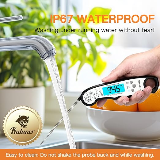 KULUNER Instant Read Food Thermometer, White Waterproof Digital Meat Thermometer with 4.6" Folding Probe, Backlight & Calibration, 2-3s Fast Reading for Kitchen Baking Grilling Cooking - White