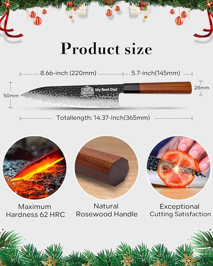 FAMCÜTE 8‘’ Engraved Custom Japanese Knife, Hand-Forged Chef Knife with 5-Layer 9CR18MOV Steel and Non-Slip Rosewood Handle Kitchen Knife, Christmas Gift for People Who Love to Cook in Sandalwood Box