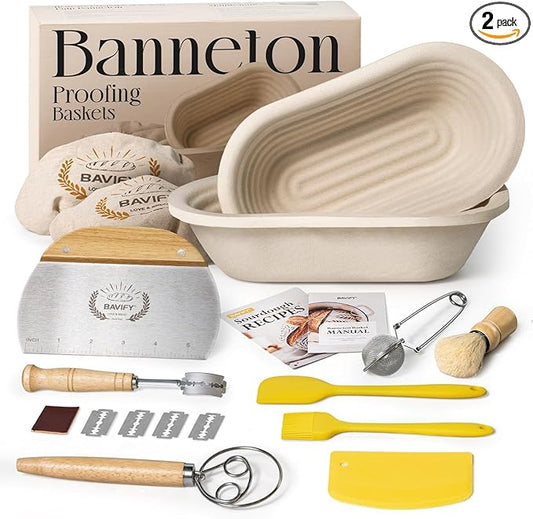 Wood Pulp Banneton Bread Proofing Baskets Set of 2, 11 Inch Oval 750G Sourdough Proofing Basket Kit with Linen Covers, Dough Whisk, Scraper, Bread Lame & Flour Duster, Non-Stick Bread Bowl
