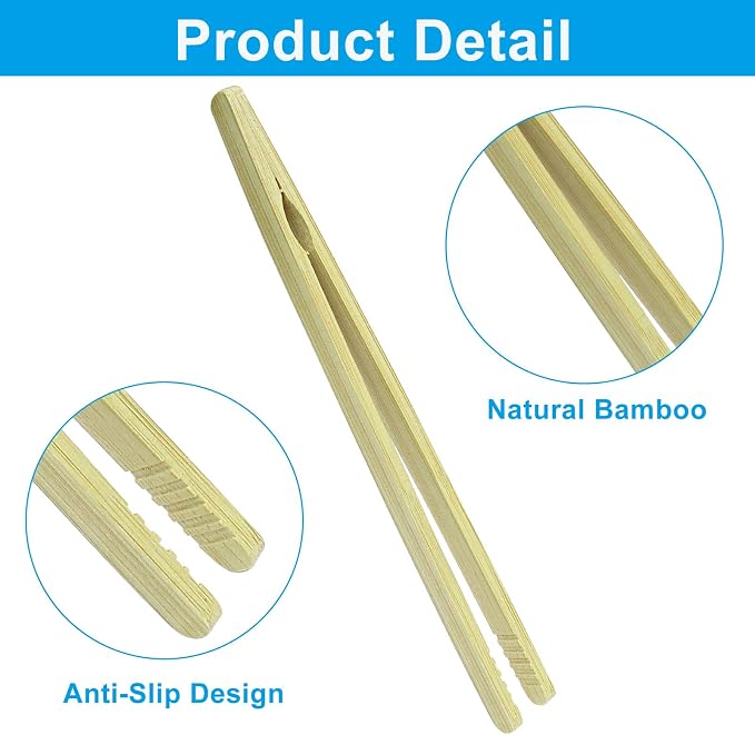 7 Inch Toaster Bamboo Tongs with Anti-slip Design, Wooden Serving Tongs for Salad Toast Kimchi Fruit and Tea (2 Pcs)