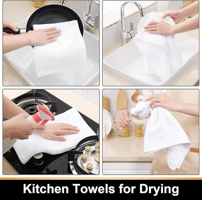 Mordimy 100% Cotton Terry Cloth Kitchen Towels, Super Soft and Absorbent Dish Towels for Drying, Checkered Designed Hand Towels for Kitchen, 13 x 28 Inches, 4 Pack, White