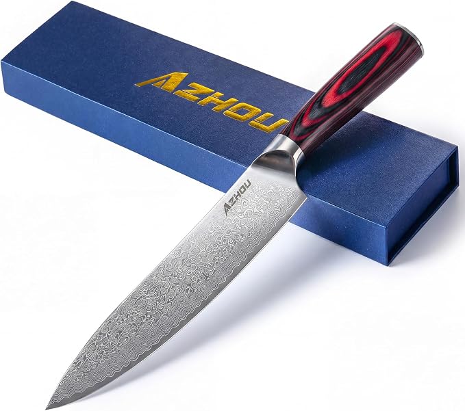 Azhou 8 Inch Damascus Chef Knife, 10Cr15CoMoV High Carbon Stainless Steel Core, Professional Kitchen Knife with Ergonomic Wood Handle, Gift Box for Men Women