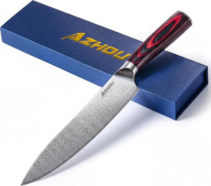 Azhou 8 Inch Damascus Chef Knife, 10Cr15CoMoV High Carbon Stainless Steel Core, Professional Kitchen Knife with Ergonomic Wood Handle, Gift Box for Men Women