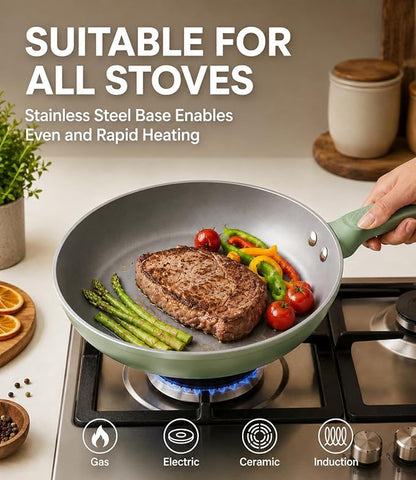 USELUCK Non Stick Frying Pan Skillet,Egg Pan,Omelet Pan,PFOA Free,8 Inch Ceramic frying pan,Induction with all cooktops,non-slip grip.Green