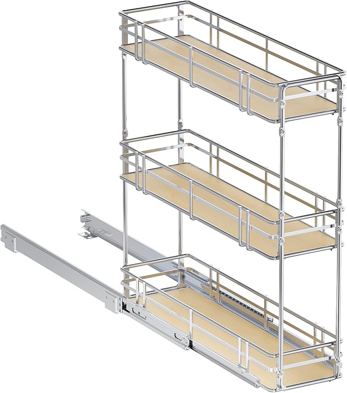 7" W x 20.5" D 3-Tier Pull Out Spice Rack Organizer, Solid Wood Base Slide Out Cabinet Shelf for Narrow Kitchen Cabinets, Chrome Pantry Storage