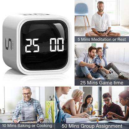 Rotating Pomodoro Timer 5, 25, 10 50 Minutes Preset, Desk Productivity Flip Timer, Cube Countdown Stopwatch for ADHD, Vibration/High/Low Volume, for Work, Study, Back to School, Kitchen, 2 White