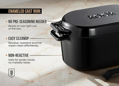 KooK Dutch Oven with Lid, Enameled Cast Iron Bread Baker, Dual Handles, 3.4 Qt, Oval, Includes Banneton Proofing Basket with Liner, Artisan Sourdough Bread Baking Set