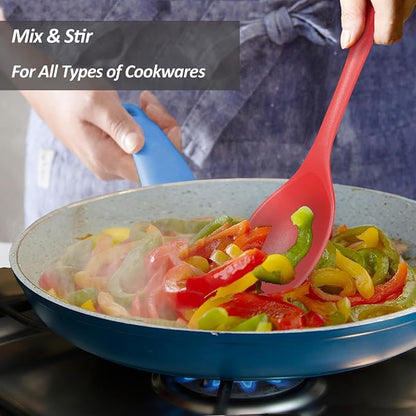 Silicone Spoons for Cooking - Extra Large Kitchen Spoons for Mixing, Serving, & Stirring - 600°F Heat-Resistant Non Stick Utensils Ladle & Skimmer- Dishwasher Safe, Red