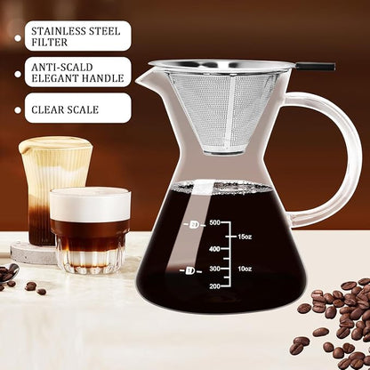17oz/500ML Glass Pour Over Coffee Maker & Stainless Filter | Double Stainless,Thickened Heat-Resistant Borosilicate Glass,Plastic Free Pour Over Coffee Dripper for Home,Camping