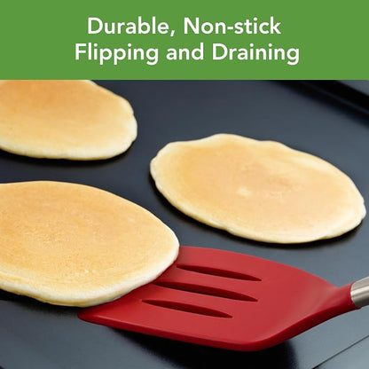 Tovolo Slotted Silicone Spatula Turner Slotted Stainless Steel Handle 10" Cayenne Red Heat Resistant Non Toxic BPA Free Kitchen Utensil, Silicone Egg Pancake Flipper Metal Handle Turner for Cooking