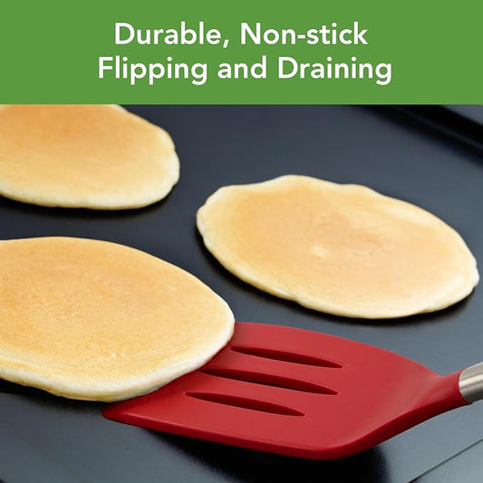 Tovolo Slotted Silicone Spatula Turner Slotted Stainless Steel Handle 10" Cayenne Red Heat Resistant Non Toxic BPA Free Kitchen Utensil, Silicone Egg Pancake Flipper Metal Handle Turner for Cooking