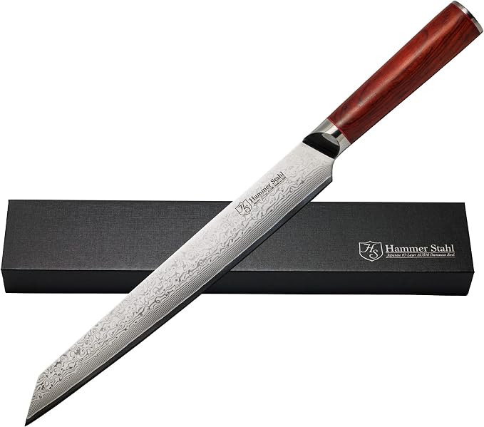 Hammer Stahl 10 Inch Damascus Slicer | Meat Cutting & BBQ Knife With Rosewood Handle | Carving Japanese Forged 67-Layer AUS10 Steel | Full-Tang Japanese Style Slicing With Gift Box