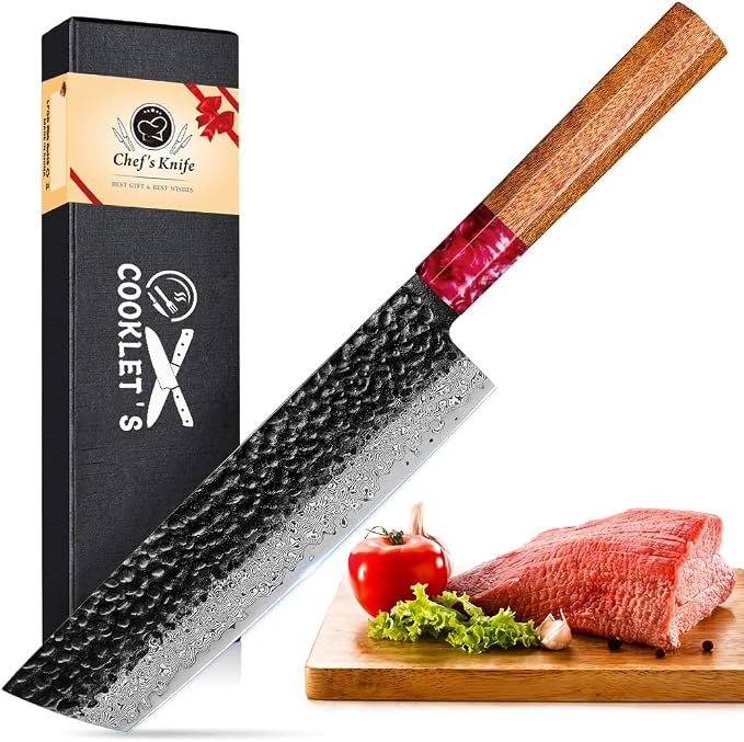 COOKLET'S Nakiri Knife, Professional VG10 Damascus Stainless Steel Kitchen Knife, Ultra Sharp Vegetable Meat Cooking Knife, G10 Ergonomic Color Wooden Handle with Luxury Gift Box for Home