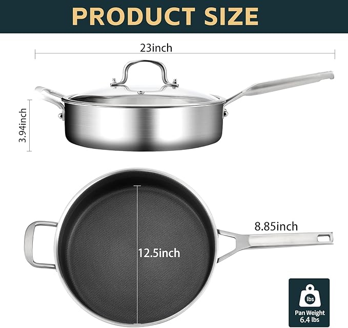 Yeksum 7 Quarts Saute Pan with Lids, Nonstick 12 Inch Deep Frying Pan, Tri-Ply Large Skillet with Lid with Stay Cool Handle, Dishwasher, Metal Utensil Safe, Suit for All Stove Up to 600℉ Compatible