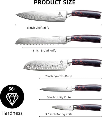 Kitchen Knife Set, Chef Knife, Utility Knife & Paring Knife for Precise Cutting, High Carbon Stainless Steel Professional Chef Knife Set with Wooden Handle, Ultra Sharp Blade (5-Piece)