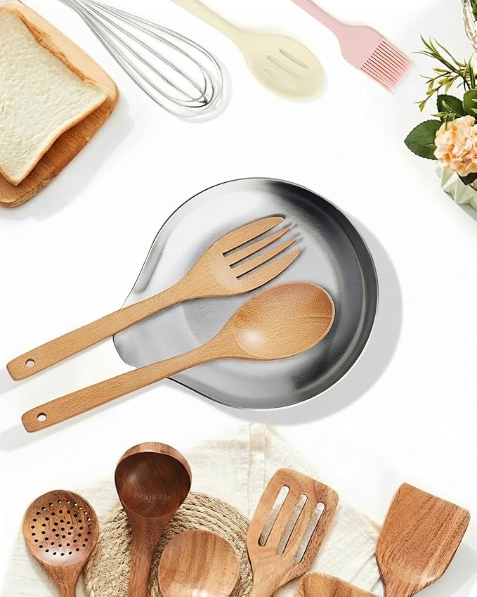 VanlonPro Stainless Steel Spoon Rest, Spatula Ladle Holder, Stainless Steel Utensil Spoon Rest Holder, Brushed Finish, Dishwasher Safe 5.9 x 5.1 Inch (Round Silver 1PC)