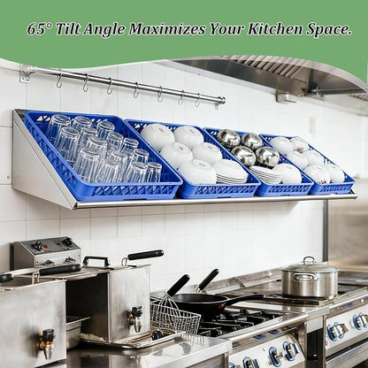 63" x 22.5" Stainless Steel Wall Mounted Dish Drying Slanted Rack with Drain Outlet for Peg Dish Rack Commercial Shelves Metal Shelving for Kitchen Bar Restaurant