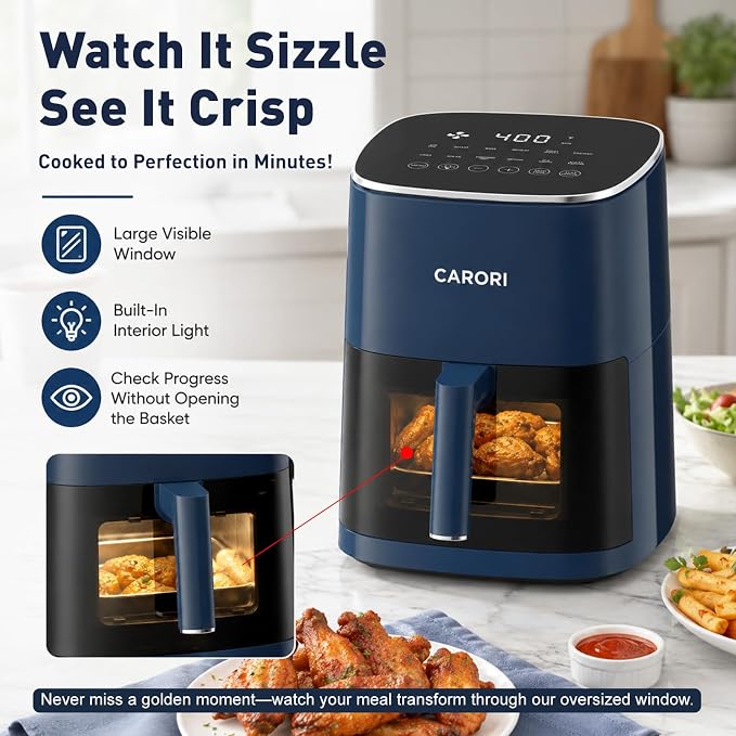CARORI 6 Qt Air Fryer with Viewing Window, 12 Presets, 1700W, 400°F Max, Large Nonstick Dishwasher-Safe Basket, Bake, Roast, Reheat, Dehydrate, Blue