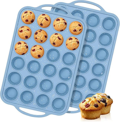 CAKETIME Mini Muffin Pan, Metal Reinforced Frame Mini Cupcake Pans 24 Cups Nonstick Muffin Silicone Molds with Handle for Baking Muffins, Cupcakes, Egg Bites 2 Pack