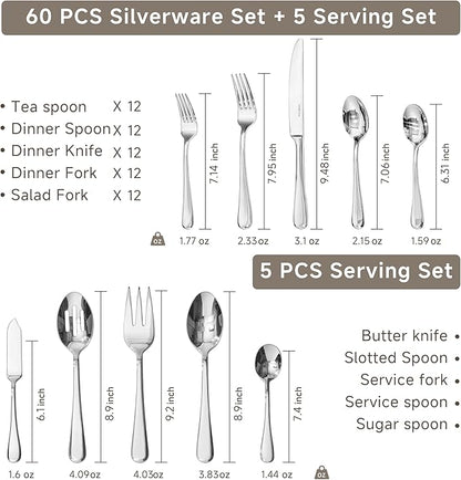 KINGSTONE 65 Pieces Silverware Set for 12, Premium Stainless Steel Flatware Set with Serving Utensils, Heavy Duty and Modern Design Cutlery Set, Mirror Polished, Dishwasher Safe