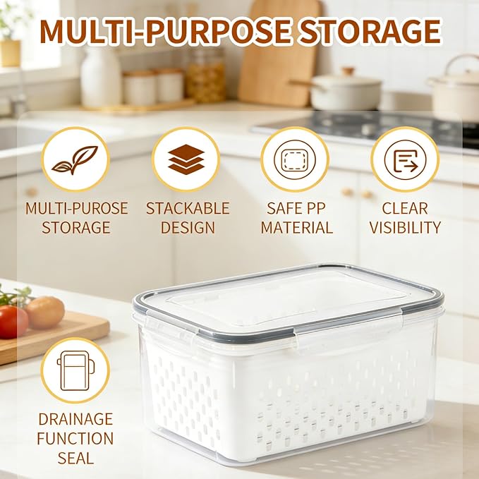 Fruit storage containers for fridge，with detachable drainer basket and airtight seal, stackable produce organizer, prolongs freshness of berries, greens, meats