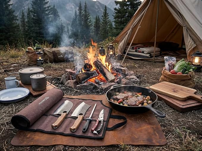9PCS Butcher Knife Set, 7" butcher meat cleaver, a 7" Serbian chef knife, a 6.5" Viking knife, 3 Knife Sheath, Poultry Shears, Honing steel and Knife Roll Bag (Unique Bull Pattern)