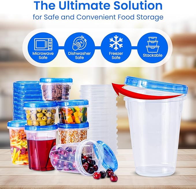 RFAQK 48 PCS Freezer Storage Containers with Lids- Plastic Meal Prep Deli Containers-Freezer Containers for Soup with Twist Top Lids-Reusable Plastic Box for Lunch, Gym, Travel