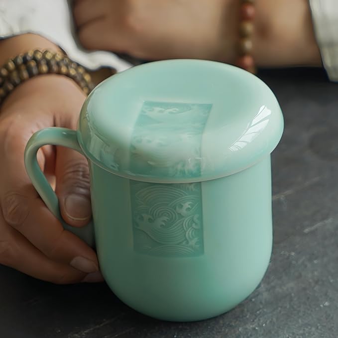 Tea Infuser Mug with Lid, 12oz Handcrafted Celadon Loose Leaf Cup — Ceramic Strainer Brewing Mug, Sage Green Japandi Drinkware, Gift for Tea Lovers