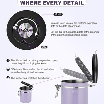 ShanSon Coffee Canister Airtight, Stainless Steel Bean Storage Container with Date Tracker & Scoop, Grounds Sugar Flour Tea Cereal Fits Kitchen Pantry, Ideal Gift for Coffee Lovers,22oz, Purple