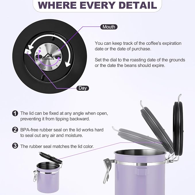 ShanSon Coffee Canister Airtight, Stainless Steel Bean Storage Container with Date Tracker & Scoop, Grounds Sugar Flour Tea Cereal Fits Kitchen Pantry, Ideal Gift for Coffee Lovers,16oz, Purple
