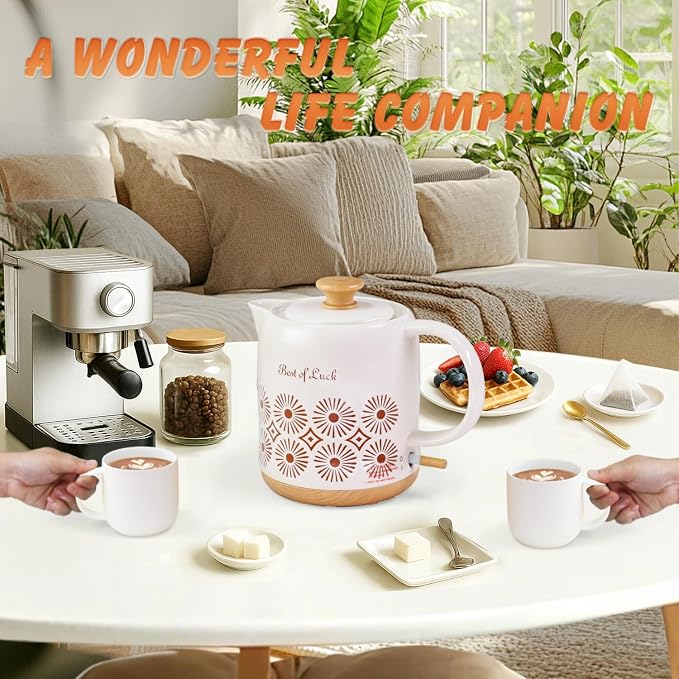 Ceramic Electric Kettle 1 Quarts, Automatic Shut Off, Porcelain Teapot, Hot Water Electric Boiler with LED Light, Boil Dry Protection, Short Spout 1000W Rapid Boiling Water for Tea Coffee