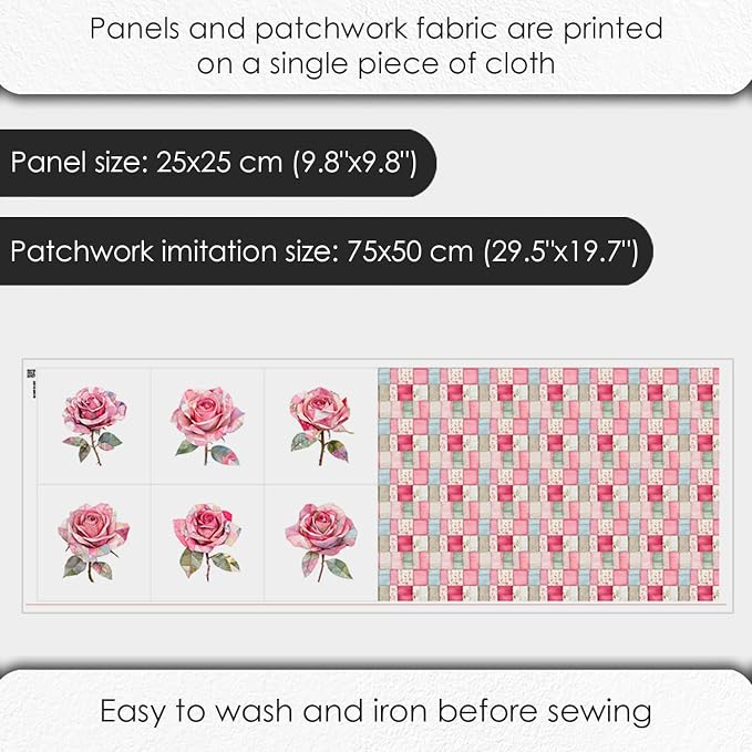 Cotton Fabric Panel – Single Continuous Patchwork Rose Panel, Featuring 6 Printed Design Squares (10" x 10") with Bonus Patchwork Area 29.5" x 19.7", Fabric for Quilting & Sewing