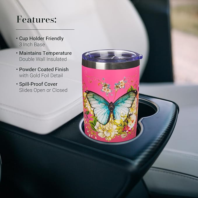 Christian Art Gifts Stainless Steel Double Wall Vacuum Insulated Travel Mug 18 oz Butterfly Pink BPA-free Tumbler with Retractable Lid Inspirational Scripture for Women - Be Still -Psalm 46:10