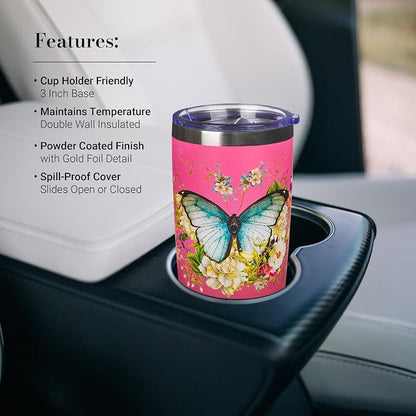Christian Art Gifts Stainless Steel Double Wall Vacuum Insulated Travel Mug 18 oz Butterfly Pink BPA-free Tumbler with Retractable Lid Inspirational Scripture for Women - Be Still -Psalm 46:10