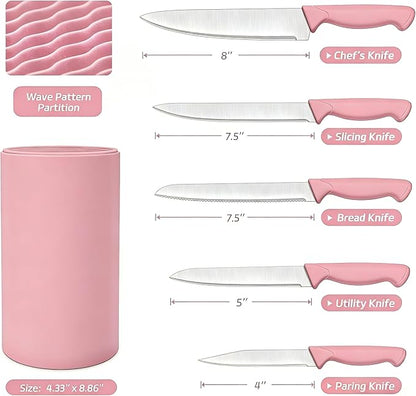 Knife Set, 6-Piece Kitchen Knife Set, German High Carbon Stainless Steel, Durable & Easy Clean Knife Block, Peach Pink