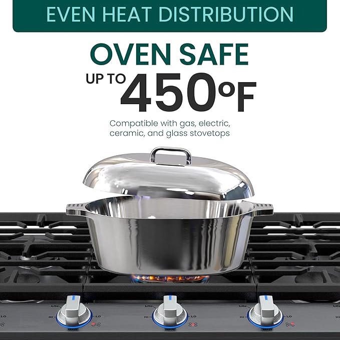 MAGNAWARE Cast Aluminum Oval Dutch Oven with Lid — 5 QT Heavy Duty Roaster Pan with Rack & Silicone Cover Dual Handles — Cajun Cookware for Roasting, Baking, Cooking (11" Small)