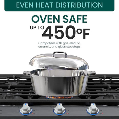 MAGNAWARE Cast Aluminum Oval Dutch Oven with Lid — 5 QT Heavy Duty Roaster Pan with Rack & Silicone Cover Dual Handles — Cajun Cookware for Roasting, Baking, Cooking (11" Small)