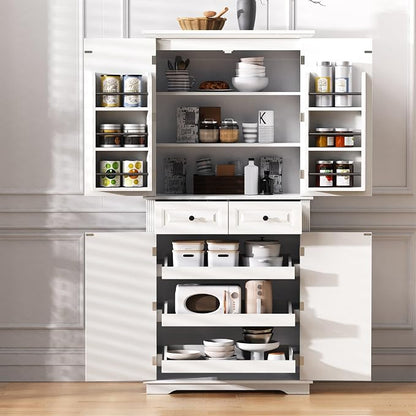 VilroCaz Wooden 71" H Kitchen Pantry with 3 Pull Out Cabinet Organizers, Freestanding Cupboard Storage Cabinet with 4 Doors and 2 Drawers, Farmhouse Embossed Texture Design (White-5.K)