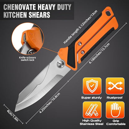 Chenovate® Heavy Duty Kitchen Scissors,Kitchen Shears with Knife & Scissor Switch Lock,Food Scissors Fit for Poultry Bones,Turkey,Meat Cutting,Veggies,Fish,Pizza (orange)