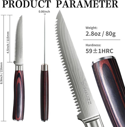 DiiHAUZZ Steak Knives Set of 6, Serrated Steak Knife Set 4.5 Inch, Ultra Sharp Forged High Carbon Stainless Steel Dinner Knife with Ergonomic Pakkawood Handle, Damascus Pattern and Gift Box