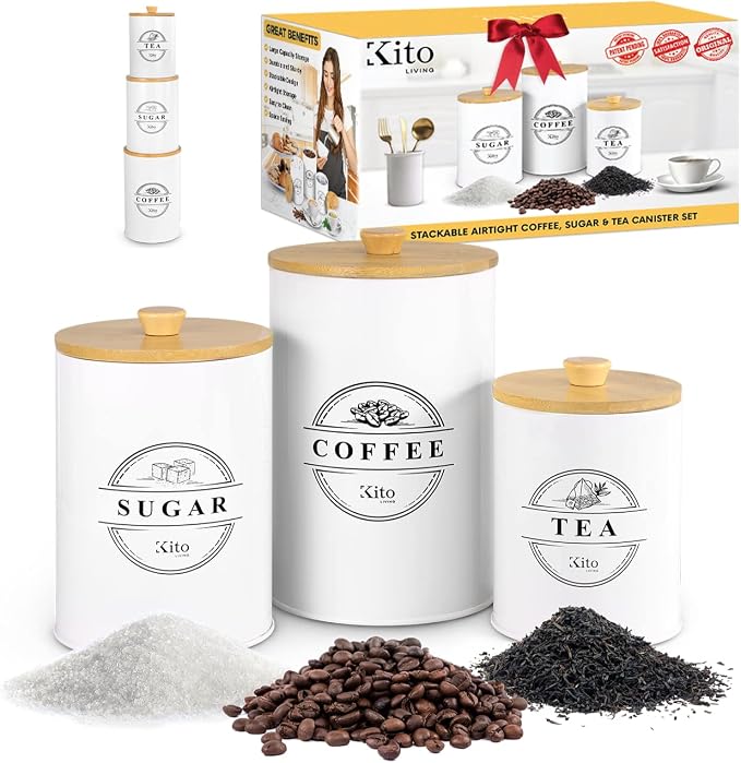 Kito LIVING Canisters Sets for Kitchen Counter Storage and Organization with Wooden Bamboo Lids, Food Pantry Containers, Stackable Steel Storage Bins, Airtight Sugar Tea Coffee Canisters - White