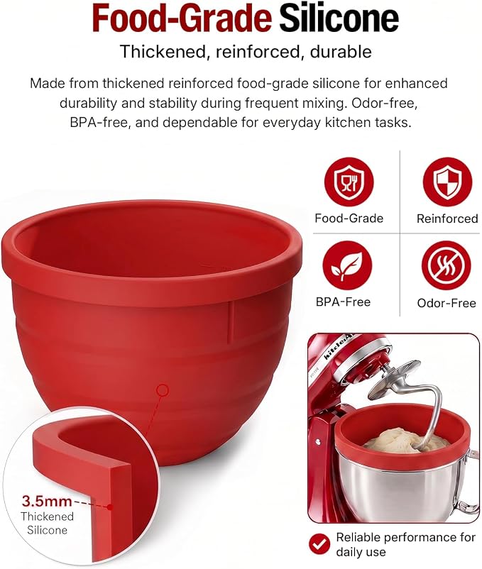 Silicone Bowl Liner for KitchenAid Tilt-Head 5QT Mixers, Kitchen Aid Accessories and Attachments for Baking and Cooking, Fits 5 Quart Mixing Bowl with Lids (Red, 5QT)