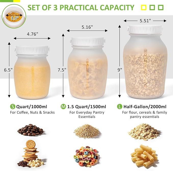 Silicone Pantry Canister Set with Lid for Dry Food Storage | Shatterproof & Lightweight | Twist-Off Lid, Wide-Mouth, Airtight, Collapsible for Space-Saving, Dishwasher Safe, 3 Pack (32oz/50oz/64oz)