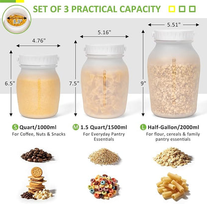 Silicone Pantry Canister Set with Lid for Dry Food Storage | Shatterproof & Lightweight | Twist-Off Lid, Wide-Mouth, Airtight, Collapsible for Space-Saving, Dishwasher Safe, 3 Pack (32oz/50oz/64oz)