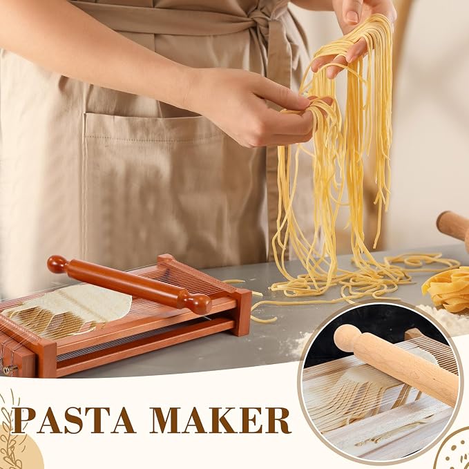SiliFine Chitarra Cutter Italian Pasta with Rolling Pin Guitar Board Making Tool Pasta Machine for Spaghetti, Lasagna(Dark Wood Color,Wood)